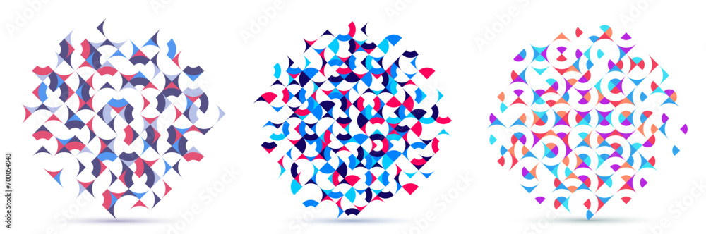Obraz premium Abstract geometric designs set vector pattern compositions, colorful 70s retro style templates art isolated over white, creative elegant backgrounds.
