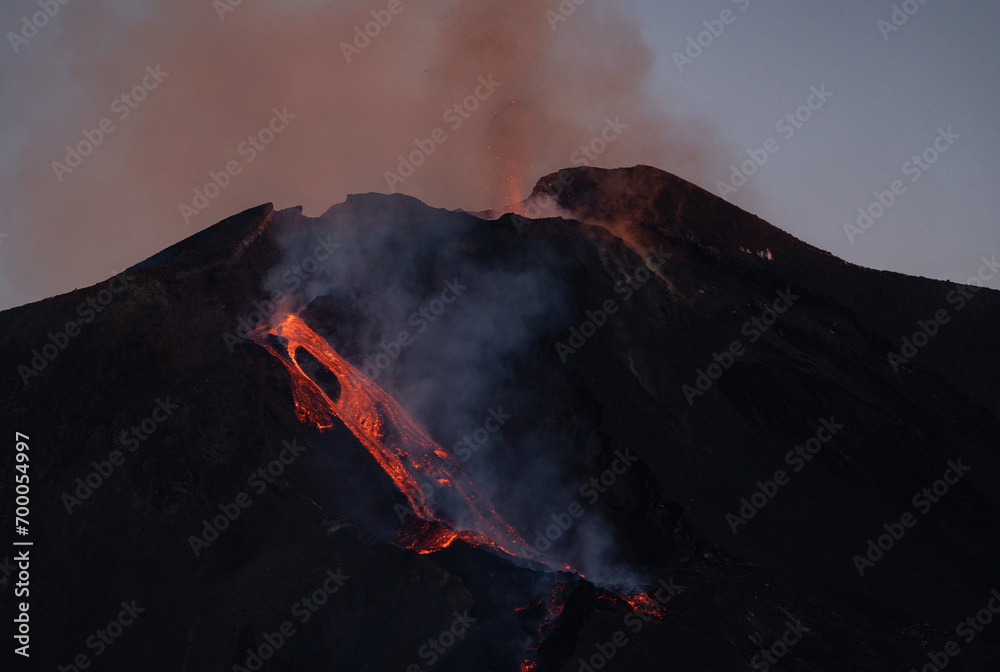 Eruptive vent with lava emis at the top of the Etna volcano