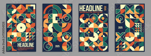 Abstract geometric posters and covers set in native ceramic colors, vector background pattern magazine or catalog templates, technic style geometric shapes composition.
