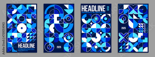 Abstract geometric posters and covers set, vector background pattern magazine or catalog templates, blue technic style geometric shapes composition.