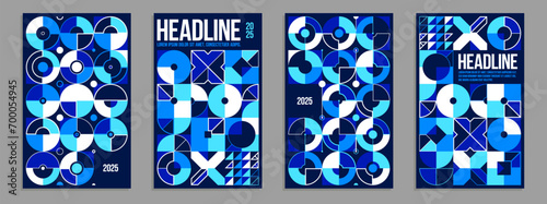 Abstract geometric posters and covers set, vector background pattern magazine or catalog templates, blue technic style geometric shapes composition.