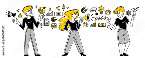 Marketing theme vector outline illustration, marketers team analyzing and creating plan and strategy, advertising business teamwork concept, reach a goal success.