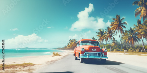 car on the beach  retro wagon with open trunk sea and surfboards in  A blue and white van with surfboards on top of it  generative AI 