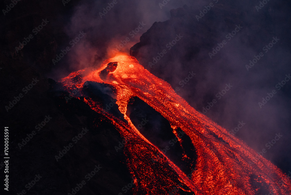 Eruptive vent with lava emis at the top of the Etna volcano