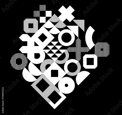 Abstract geometric black and white vector background, modular tiling stripy art with circles and other shapes, monochrome retro style artistic motif over dark.