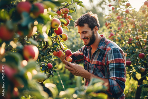 happy man picking red apples in apple orchard photo