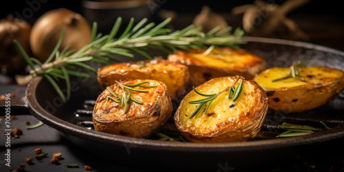Fried (baked) whole small potatoes with rosemary and salt in a frying pan, ruddy crust, appetizing food, Round roasting pan with delicious roasted potatoes with fresh and natural herbs, generative A