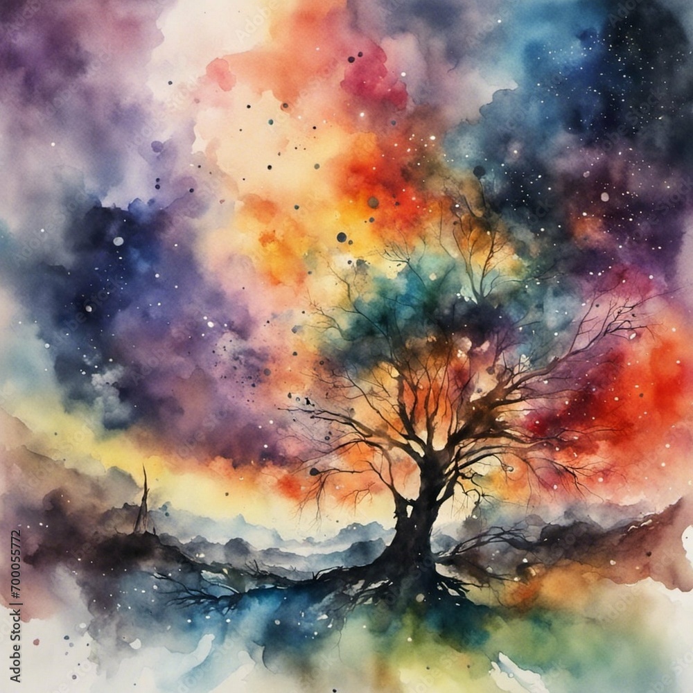 watercolor painting of landscape with tree, abstract grunge background, contemporary art, stylized, detailed