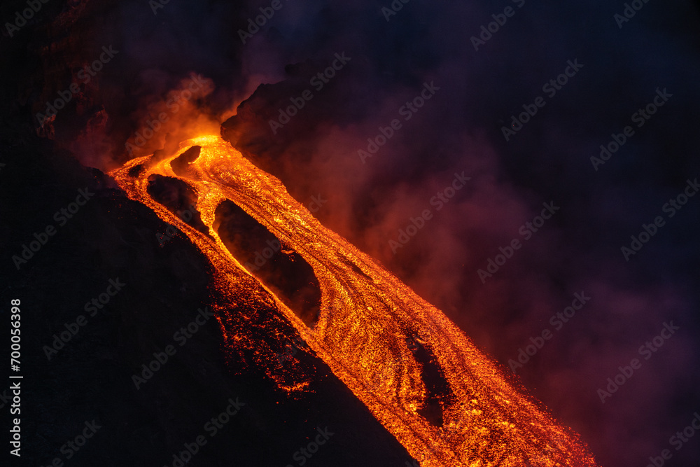 Eruptive vent with lava emis at the top of the Etna volcano