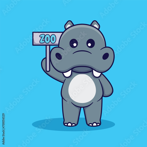 Cute Hippo Holding a Sign Vector Cartoon Illustration