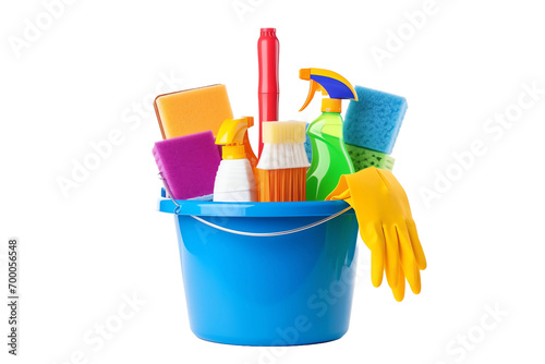 a bucket full of cleaning supplies