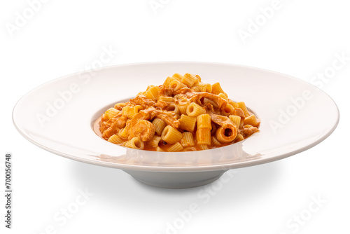 Ditalini pasta with tomato sauce tripe in white plate isolated