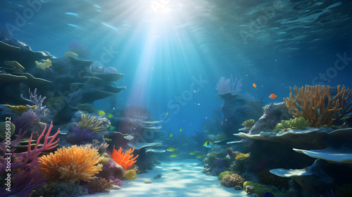 underwater Sea, dark blue ocean surface seen from underwater, tropical seabed with reef and sunshine