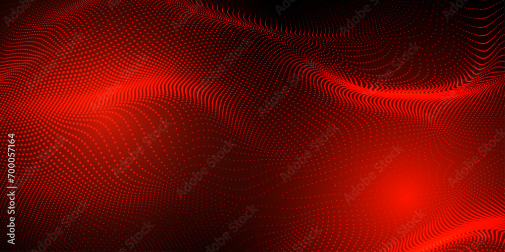 Abstract futuristic red wave with moving dots. Flow of particles with glitch effect. Ideal vector graphics for brochures, flyers, magazines, business cards and banners. Vector. - obrazy, fototapety, plakaty 