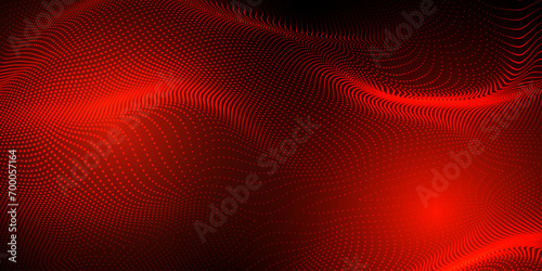 Abstract futuristic red wave with moving dots. Flow of particles with glitch effect. Ideal vector graphics for brochures, flyers, magazines, business cards and banners. Vector.