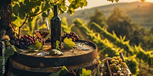a dreamy winery in tuscany, wonderful tasty italian wine, glass and wine bottle photo