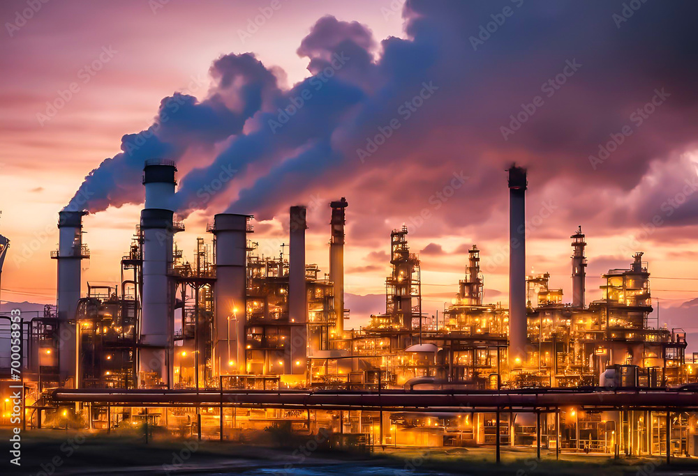 Oil refinery plant and industrial factory building with sky background at sunset, pipeline for transport oil and gas.