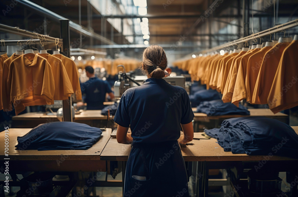 Generative AI image of a textile factory worker amid apparel Generative AI image of a textile factory worker amid apparel