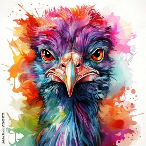 Watercolor Colorful Ostrich Illustration, Generative Ai photo