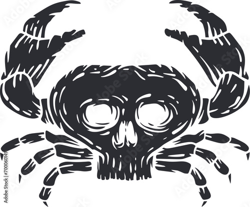Crab with skull head silhouette in cartoon retro style. Realistic vintage silhouette sea animal. Hand drawn design elements for print, tattoo. Sketch vector illustration.