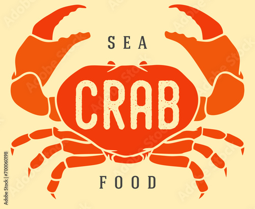 Color crab in cartoon hand drawn retro style. Realistic vintage silhouette sea animal. Design element for branding restaurant, shop. Sketch vector illustration. photo