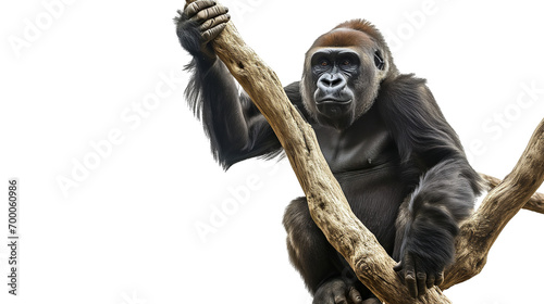 Gorilla sitting on a tree branch isolated on a white background photo