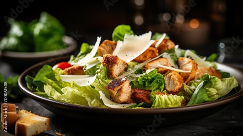 Traditional healthy grilled chicken caesar salad with cheese, tomatoes, and croutons on wooden table over black background. Serving fancy food in a restaurant. photo