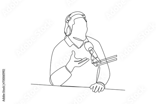 One continuous line drawing of Recording audio podcast or online show concept. Doodle vector illustration in simple linear style.