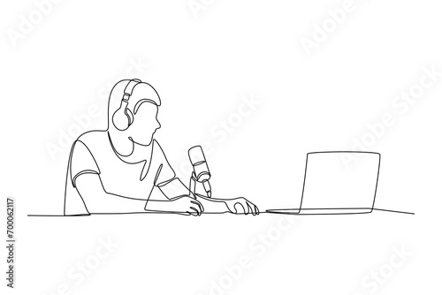 One continuous line drawing of Recording audio podcast or online show concept. Doodle vector illustration in simple linear style.