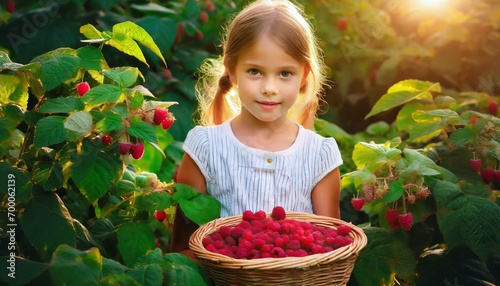 Mała dziewczynka z wiklinowym koszykiem pełnym malin, obok krzaki malin z owocami