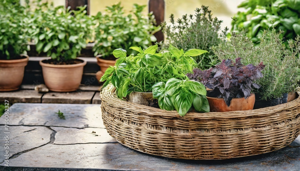 Fresh herbs in a wicker basket. A garden in the background Fresh herbs in a wicker basket. A garden in the background