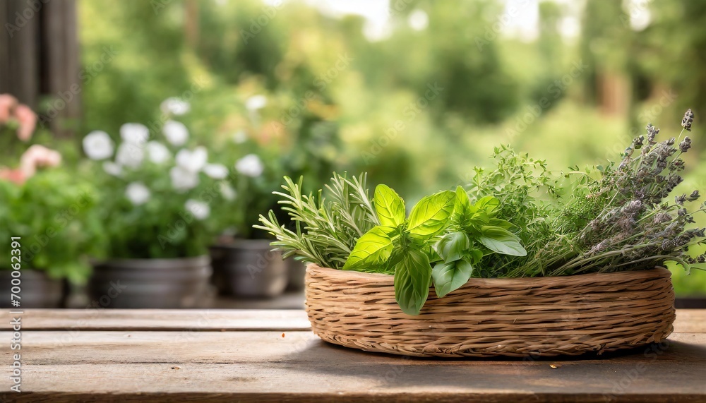 Herbs in a wicker basket. A garden in the background - obrazy, fototapety, plakaty 