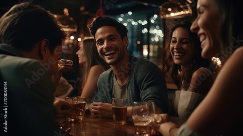 A boyfriend with a group celebrating in a bar with cocktails photo
