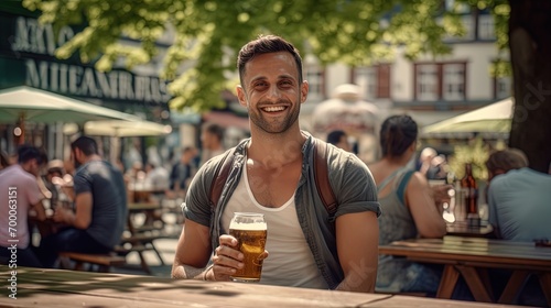A boyfriend in a beer garden with spitting beer and snacks photo