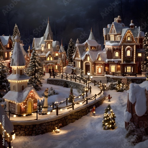 Miniature Christmas village with houses and trees in the snow at night