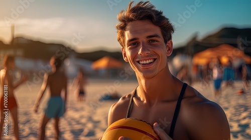 A boyfriend on the beach with a game of volleyball and beach accessories photo