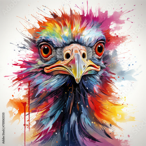 Watercolor Colorful Ostrich Illustration, Generative Ai photo