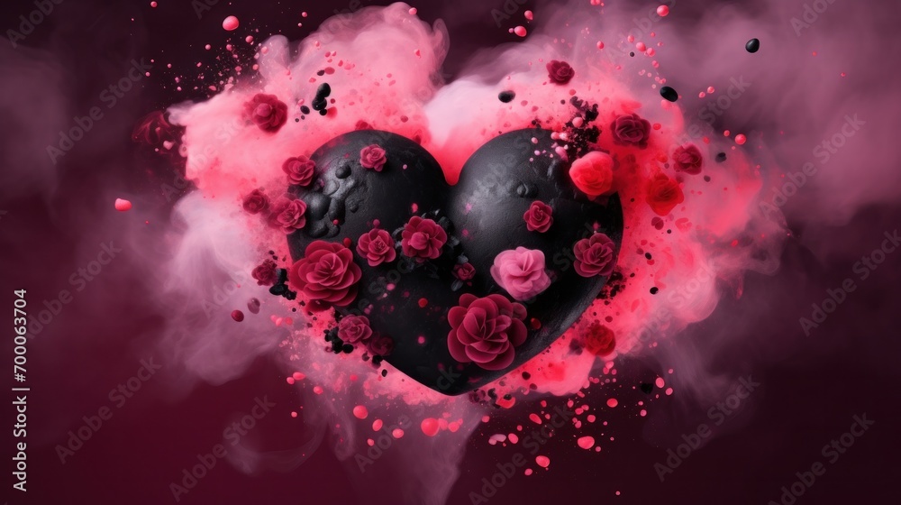 An abstract digital representation of a black heart surrounded by explosive pink splashes and smoke An abstract digital representation of a black heart surrounded by explosive pink splashes and smoke