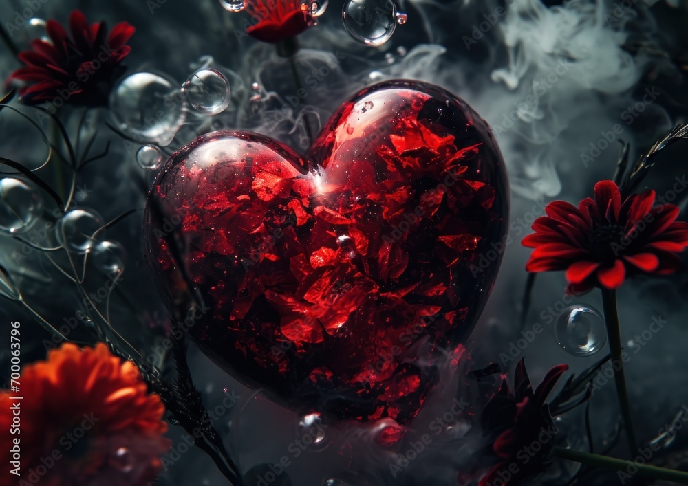 Intense red heart resembling a crystal surrounded by smoke and contrasting red flowers Intense red heart resembling a crystal surrounded by smoke and contrasting red flowers