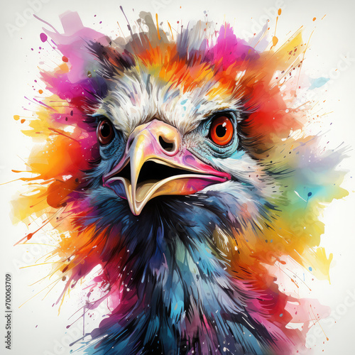 Watercolor Colorful Ostrich Illustration, Generative Ai photo