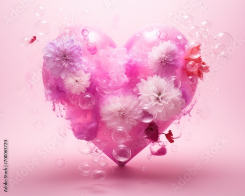 Soft pink heart festooned with flowers and transparent bubbles against a gentle background