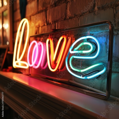 Vibrant multicolored neon light spelling 'love' mounted on a brick wall, radiating a cool urban vibe