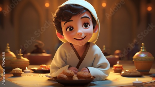 Happy Cartoon animation muslim kids Celebrate Eid Mubarak