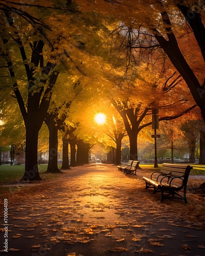 Autumnal alley in the park with bench and trees at sunset