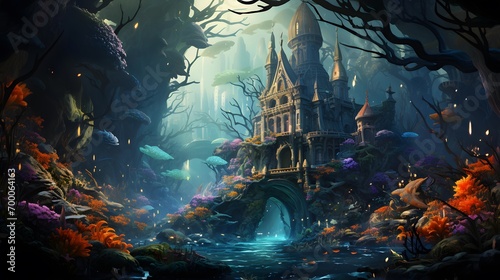 Illustration of a fairy tale castle in a dark forest by night