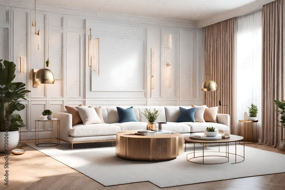Fototapeta premium 3D rendering of a contemporary living room adorned with a crisp white sofa. The scene unfolds with meticulous details—a home desk tastefully integrated into the wall