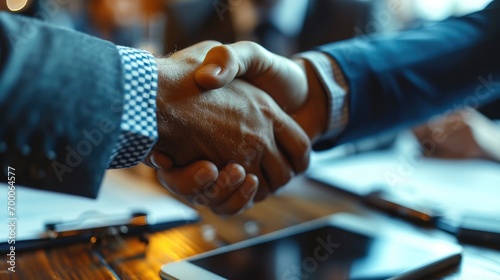 Two businessmen shaking hand after signing business contract at office, Business deal. Generative AI.