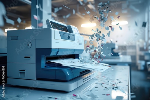 A high-tech office printer with paper sheets flying out. Generative AI. photo