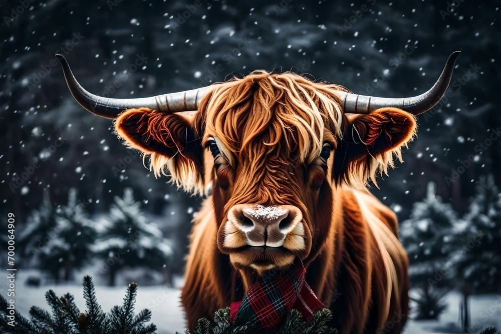 adorable small highland cow with a Christmas scarf on.