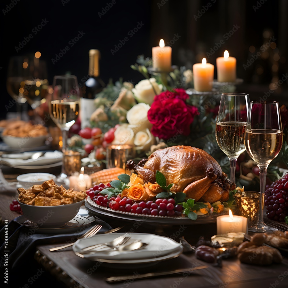 Thanksgiving table setting with turkey and other traditional dishes on wooden table